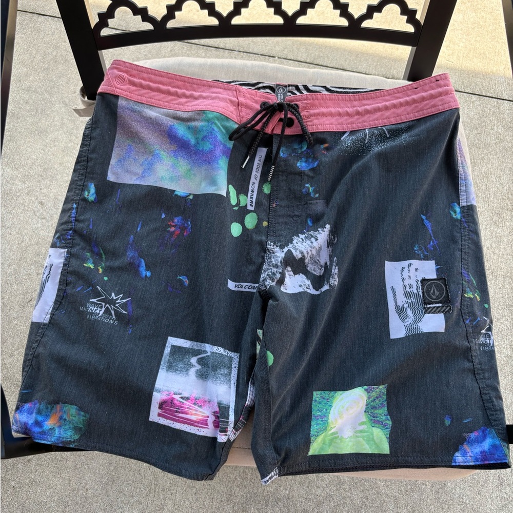 Volcom Black and Pink Hybrid Swimsuit with Artistic Prints